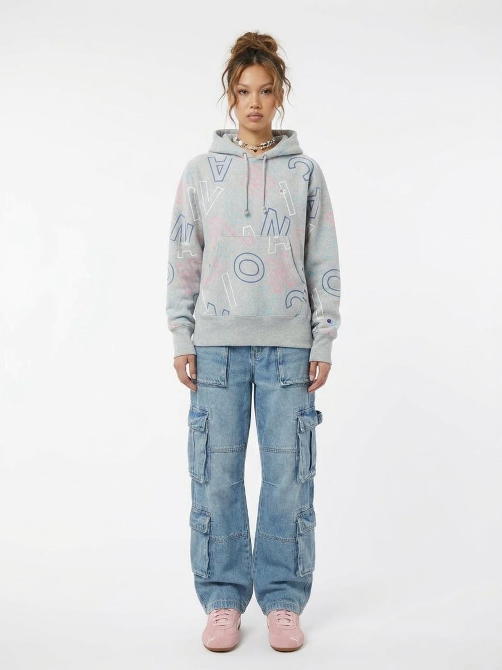 Champion $75 P2P20-21” Reverse Weave All Over Print Letter Hoodie Heather Gray S